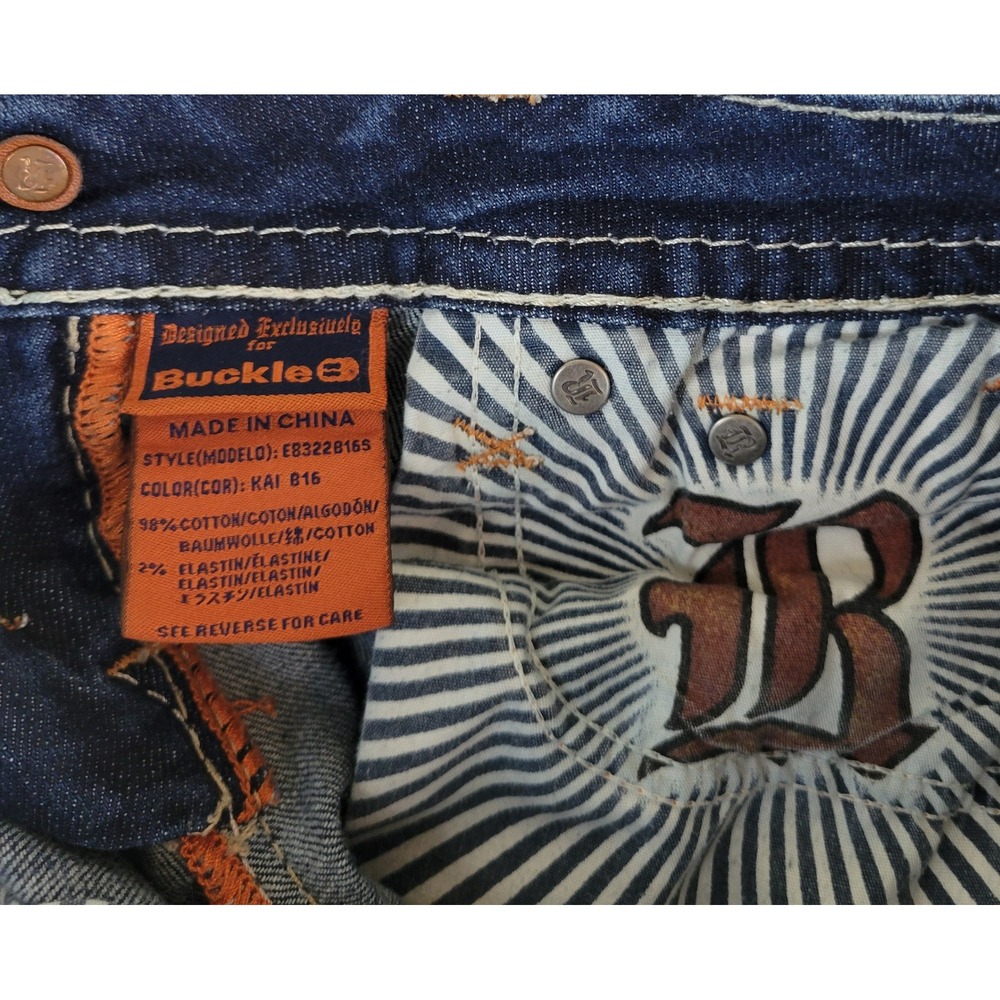 Rock Revival Kai Bootcut Jeans Dark Wash Distressed Thick Stitch Buckle 28x29 - Picture 8 of 11